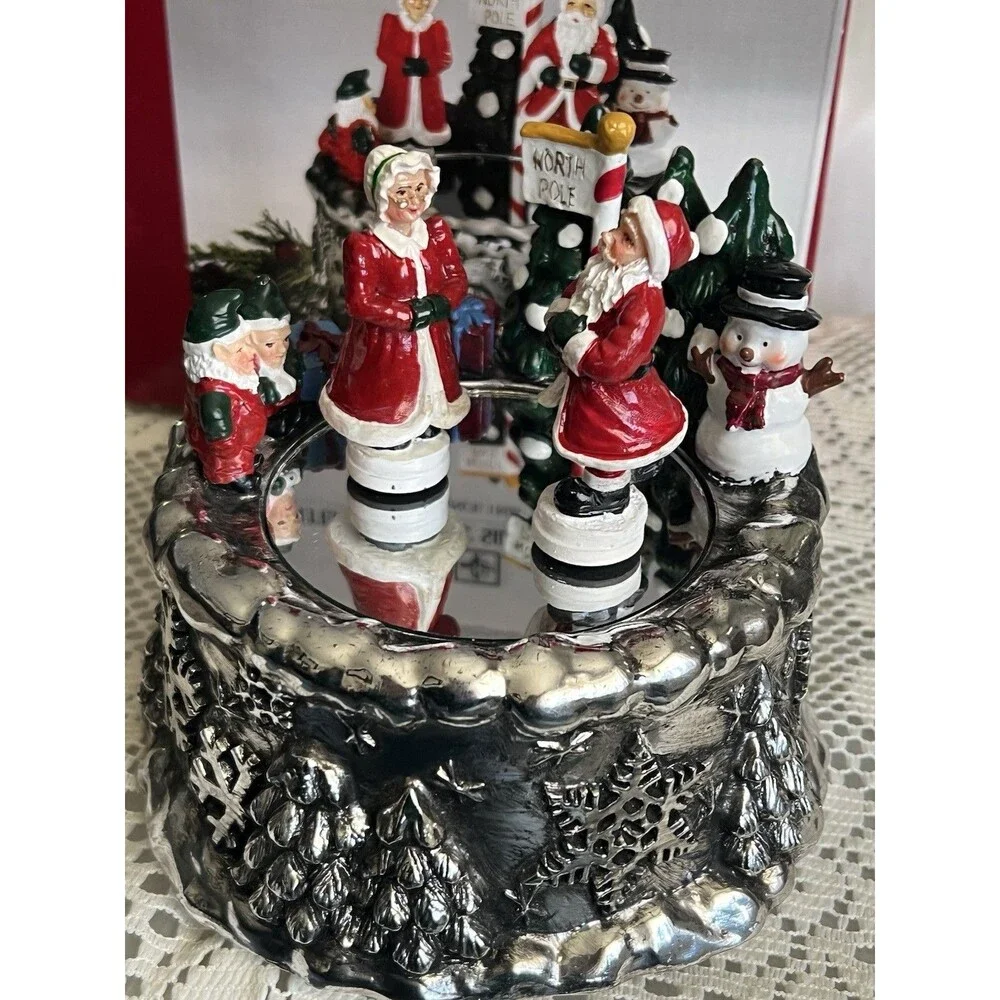 1990s International Silver Santa Mrs Claus On Ice Musical Music Box Christmas